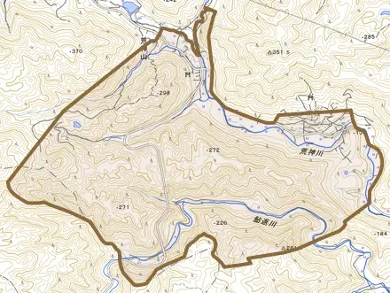 荒神山とその周辺の地図。町の範囲を重ねている