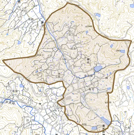 神代とその周辺の地図。町の範囲を重ねている