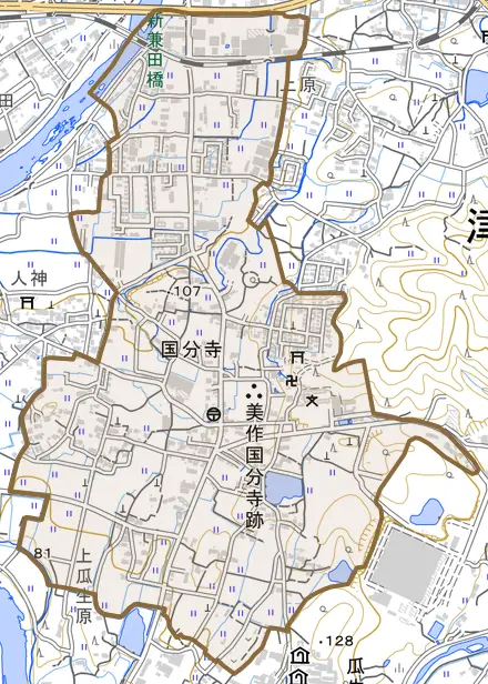 国分寺とその周辺の地図。町の範囲を重ねている