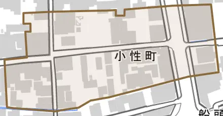 小性町とその周辺の地図。町の範囲を重ねている