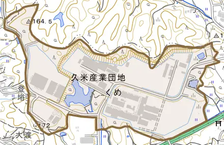 くめとその周辺の地図。町の範囲を重ねている