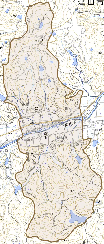 桑下とその周辺の地図。町の範囲を重ねている