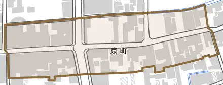 京町とその周辺の地図。町の範囲を重ねている