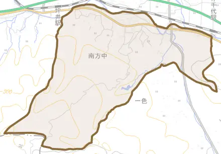 南方中とその周辺の地図。町の範囲を重ねている