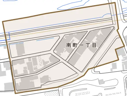 南町とその周辺の地図。町の範囲を重ねている