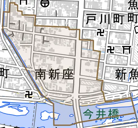 南新座とその周辺の地図。町の範囲を重ねている