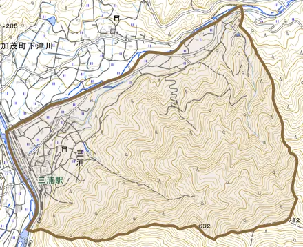 三浦とその周辺の地図。町の範囲を重ねている