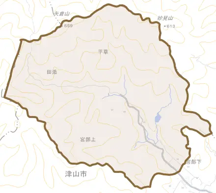 宮部上とその周辺の地図。町の範囲を重ねている