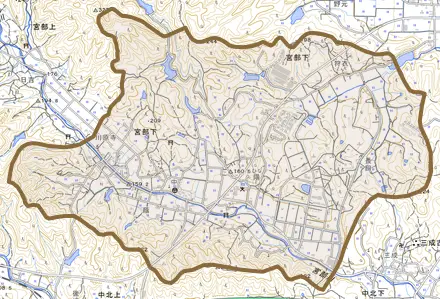 宮部下とその周辺の地図。町の範囲を重ねている