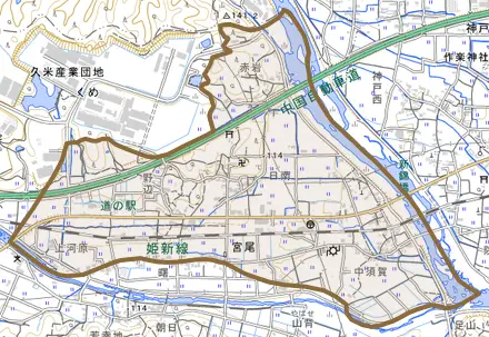 宮尾とその周辺の地図。町の範囲を重ねている