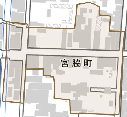 宮脇町とその周辺の地図。町の範囲を重ねている