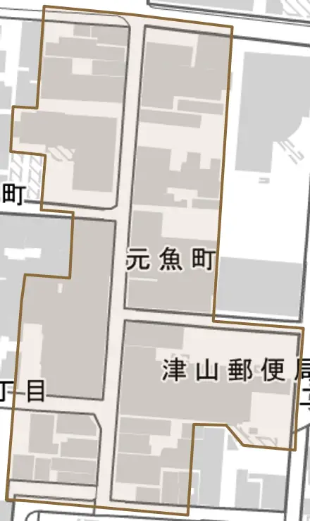 元魚町とその周辺の地図。町の範囲を重ねている