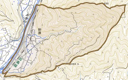 妙原とその周辺の地図。町の範囲を重ねている