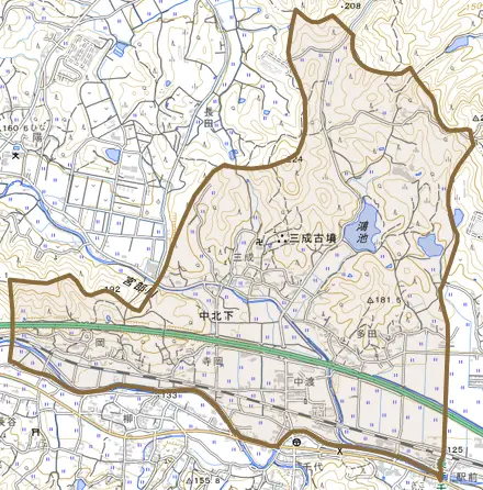 中北下とその周辺の地図。町の範囲を重ねている