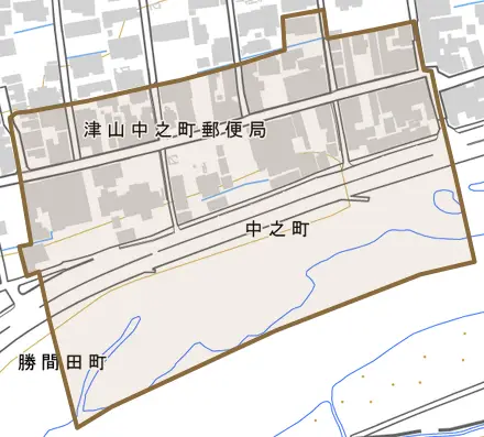 中之町とその周辺の地図。町の範囲を重ねている