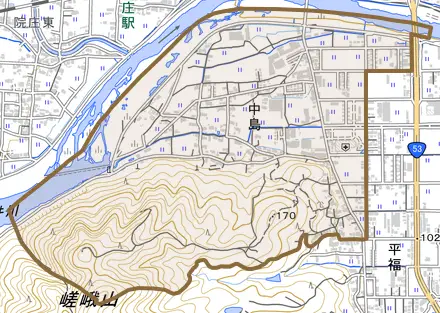 中島とその周辺の地図。町の範囲を重ねている