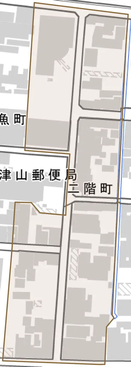 二階町とその周辺の地図。町の範囲を重ねている