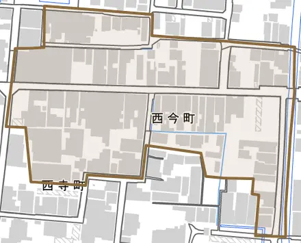 西今町とその周辺の地図。町の範囲を重ねている