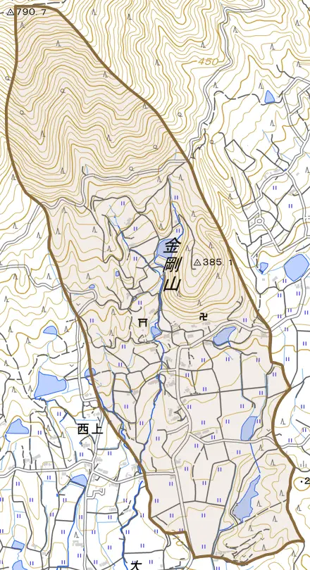 西上とその周辺の地図。町の範囲を重ねている
