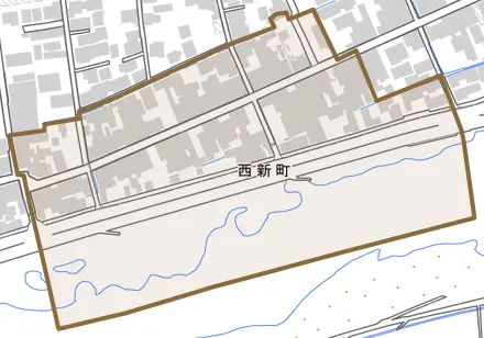 西新町とその周辺の地図。町の範囲を重ねている