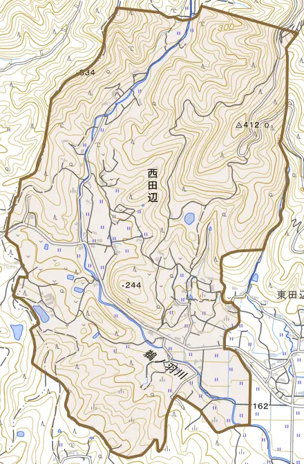西田辺とその周辺の地図。町の範囲を重ねている