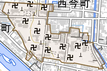 西寺町とその周辺の地図。町の範囲を重ねている