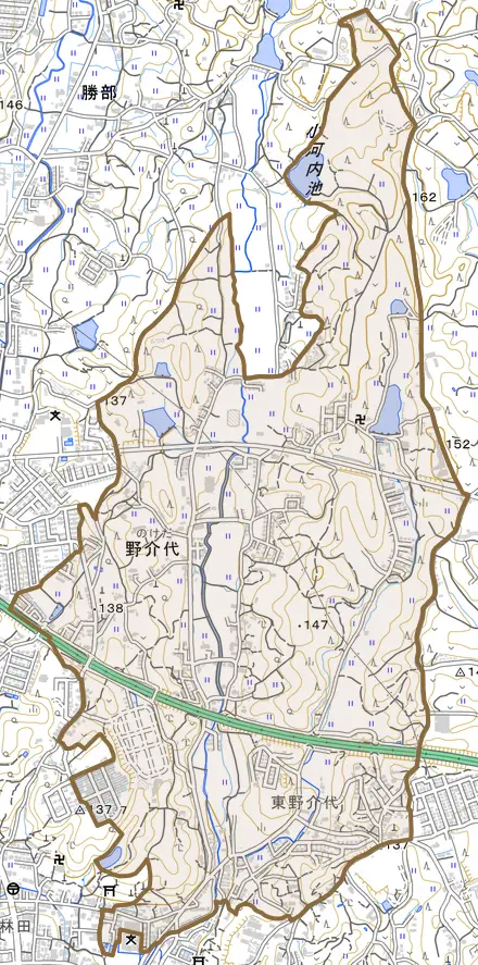 野介代とその周辺の地図。町の範囲を重ねている