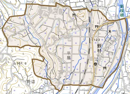 野村とその周辺の地図。町の範囲を重ねている