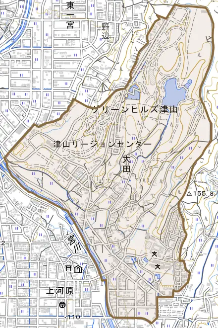 大田とその周辺の地図。町の範囲を重ねている