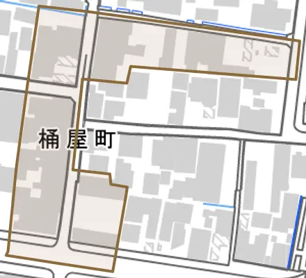 桶屋町とその周辺の地図。町の範囲を重ねている
