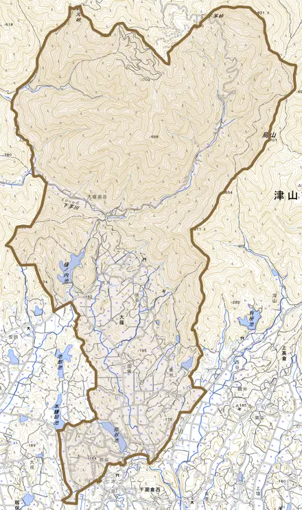 大篠とその周辺の地図。町の範囲を重ねている