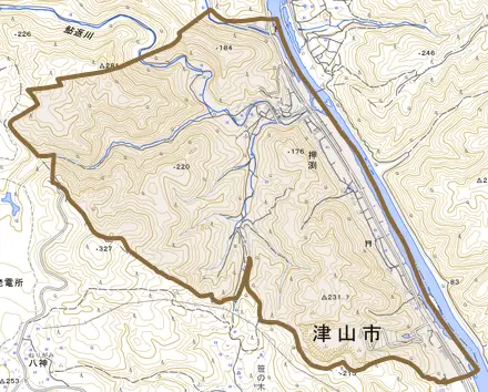 押渕とその周辺の地図。町の範囲を重ねている