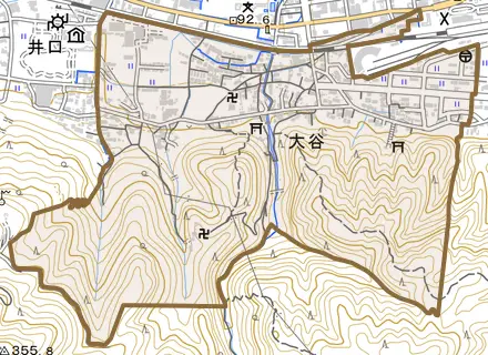 大谷とその周辺の地図。町の範囲を重ねている