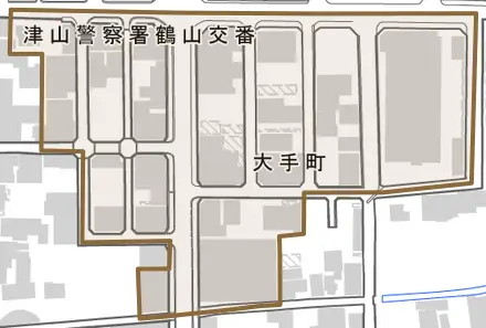 大手町とその周辺の地図。町の範囲を重ねている