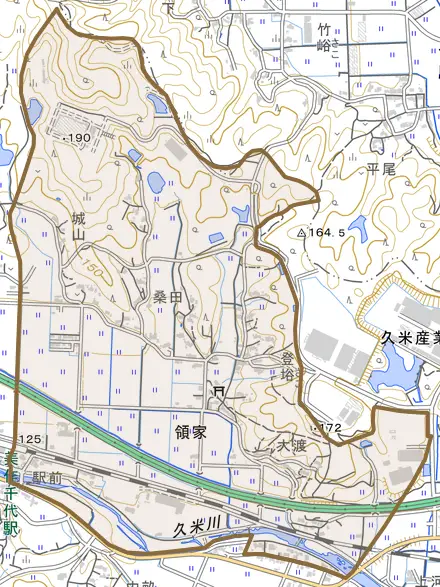 領家とその周辺の地図。町の範囲を重ねている