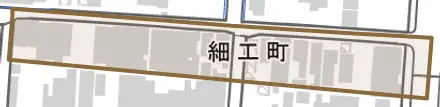 細工町とその周辺の地図。町の範囲を重ねている