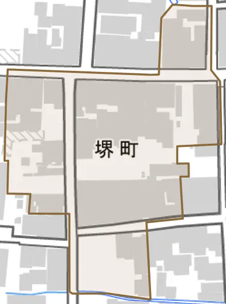 堺町とその周辺の地図。町の範囲を重ねている