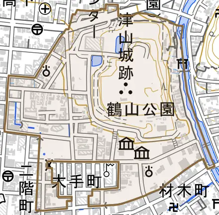 山下とその周辺の地図。町の範囲を重ねている