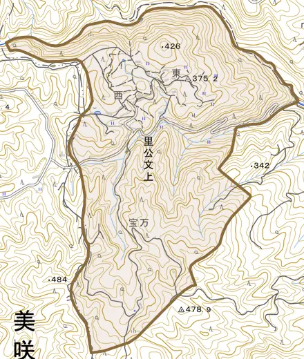 里公文上とその周辺の地図。町の範囲を重ねている