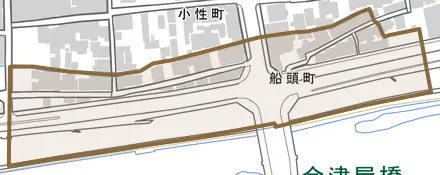 船頭町とその周辺の地図。町の範囲を重ねている