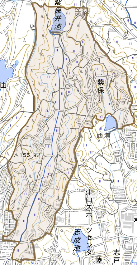 紫保井とその周辺の地図。町の範囲を重ねている
