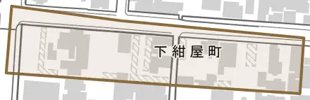 下紺屋町とその周辺の地図。町の範囲を重ねている