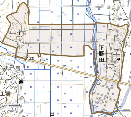 下野田とその周辺の地図。町の範囲を重ねている