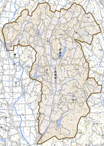 下高倉東とその周辺の地図。町の範囲を重ねている