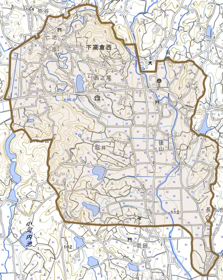 下高倉西とその周辺の地図。町の範囲を重ねている