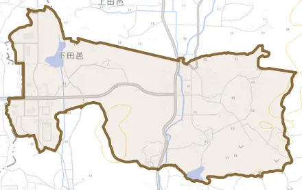 下田邑とその周辺の地図。町の範囲を重ねている