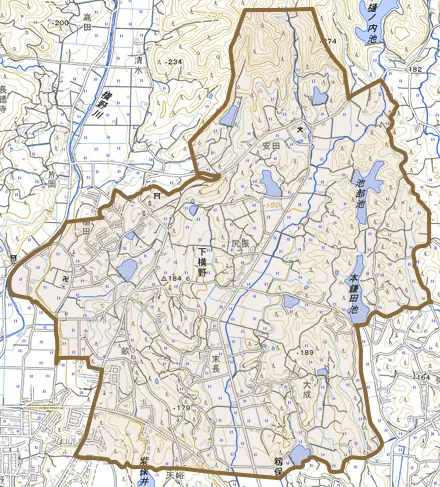 下横野とその周辺の地図。町の範囲を重ねている