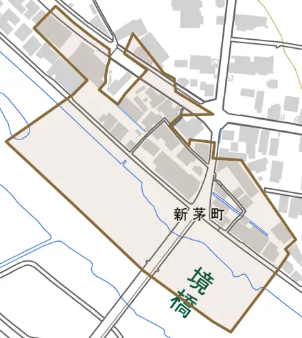 新茅町とその周辺の地図。町の範囲を重ねている