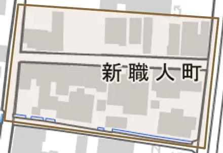 新職人町とその周辺の地図。町の範囲を重ねている