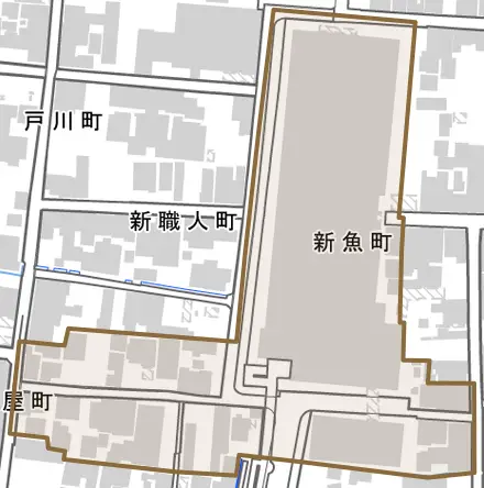 新魚町とその周辺の地図。町の範囲を重ねている